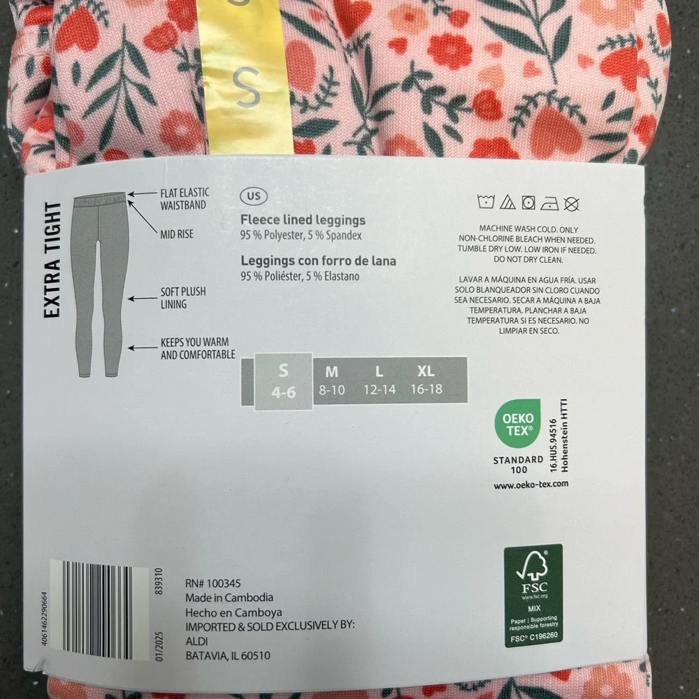 Serra Pink Floral Fleece Lined Leggings, size S and M - Picture 4 of 7